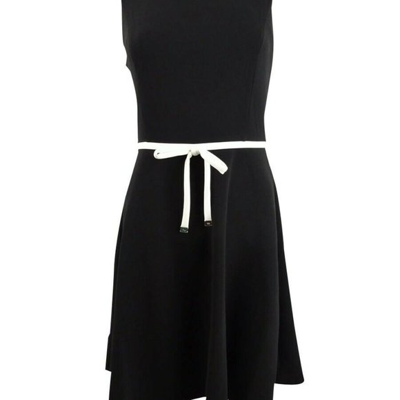 NWT Tommy Hilfiger Women's Sz 2 Tie-Waist Scuba Crepe Dress (Black & Cream) - Picture 3 of 8
